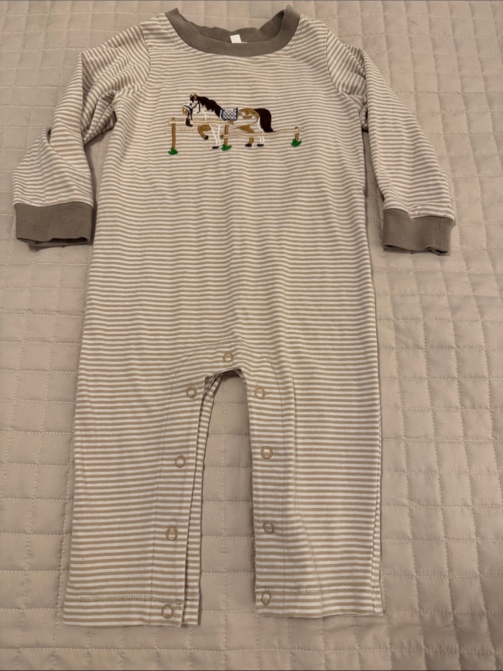 Ishtex 12 months onesie with embroidered horse khaki striped